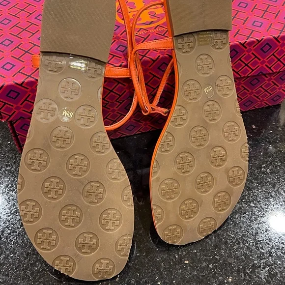 TORY BURCH 8.5M BRIGHT POPPY ORANGE MINI MILLER TYPE ALL LEATHER STRAP SANDALS - Picture 13 of 15